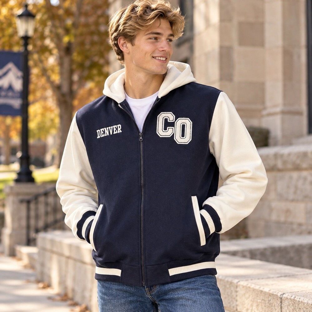 Peak Concepts Navy White Varsity Jacket Hooded Full Zip Men's XL Collegiate NWT